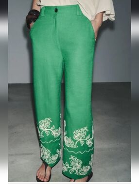 Zara Green Embroidered Wide-Leg Linen Pants Size Small